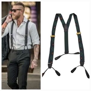 Vintage Polo Ralph Lauren Silk Plaid Crest Brass Leather Suspenders Braces